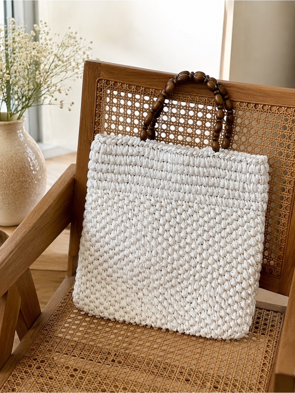 MARCHIONESS Vintage Straw Bag With Wooden Handles White